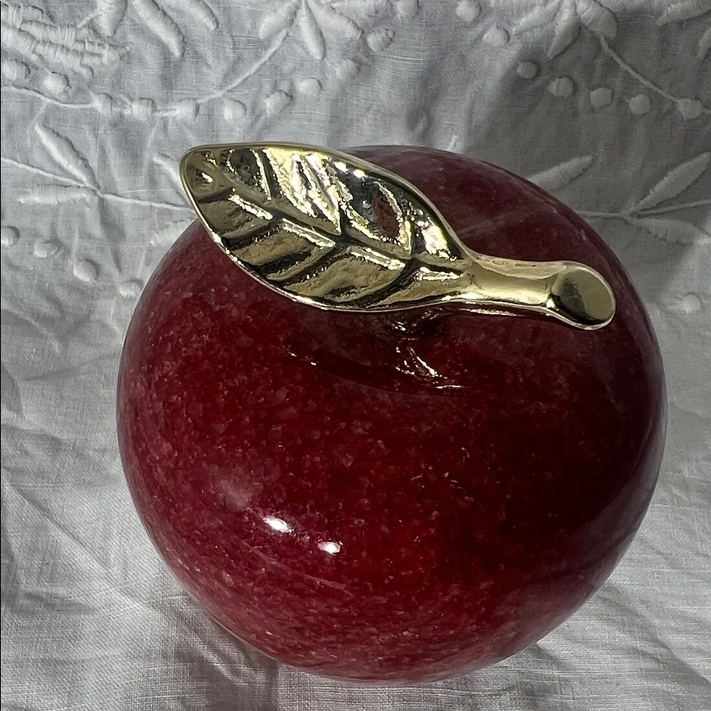 Beautiful Red Apple Paperweight with Brass Stem and Leaf Unbranded